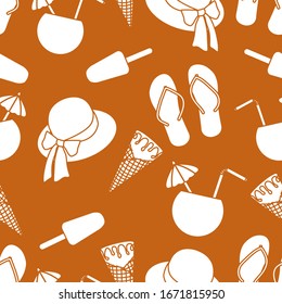 Vector travel seamless pattern Illustration with sun hat, ice cream, cocktail, flip flops. Summer time, vacation, holiday, leisure background. Concept for travel agency. Design wrapping, fabric, print