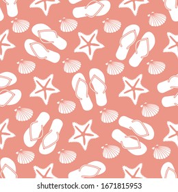 Vector travel seamless pattern Illustration with flip flops, starfish, shell. Summer time, vacation, holiday, leisure background. Concept for travel agency. Design wrapping, fabric, print