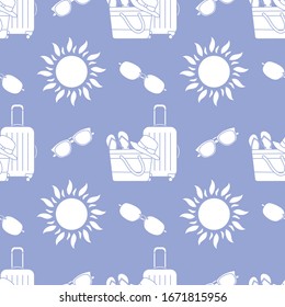 Vector travel seamless pattern Illustration with suitcase, beach bag, flip flops, sun, sun hat, sunglasses. Summer time, vacation, holiday, leisure background. Design wrapping, fabric, print