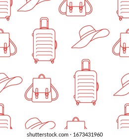 Vector viaje sin fisuras Ilustración con maleta, sombrero solar, mochila. Horario de verano, vacaciones, vacaciones, experiencia de ocio. Concepto de agencia de viajes. Envoltura de diseño, tela, impresión