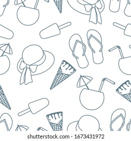 Vector travel seamless pattern Illustration with sun hat, ice cream, cocktail, flip flops. Summer time, vacation, holiday, leisure background. Concept for travel agency. Design wrapping, fabric, print
