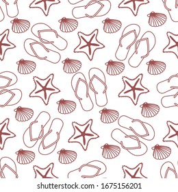 Vector travel seamless pattern Illustration with flip flops, starfish, shell. Summer time, vacation, holiday, leisure background. Concept for travel agency. Design wrapping, fabric, print