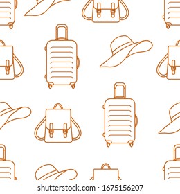 Vector travel seamless pattern Illustration with suitcase, sun hat, backpack. Summer time, vacation, holiday, leisure background. Concept for travel agency. Design wrapping, fabric, print