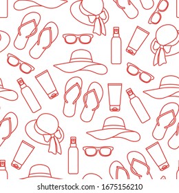 Vector travel seamless pattern Illustration with flip flops, sunscreen, sun hat, sunglasses. Summer time, vacation, holiday, leisure background Concept for travel agency Design wrapping, fabric, print