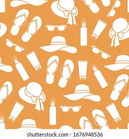Vector travel seamless pattern Illustration with flip flops, sunscreen, sun hat, sunglasses. Summer time, vacation, holiday, leisure background Concept for travel agency Design wrapping, fabric, print