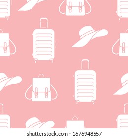 Vector travel seamless pattern Illustration with suitcase, sun hat, backpack. Summer time, vacation, holiday, leisure background. Concept for travel agency. Design wrapping, fabric, print