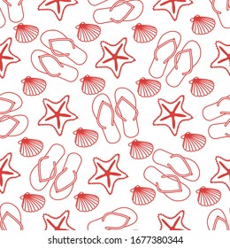 Vektorillustration Reisen nahtlose Muster Illustration mit Flip Flops, Seesterne, Muschel. Sommerzeit, Urlaub, Urlaub, Freizeithintergrund. Konzept für Reisebüro. Design-Umhüllung, Stoff, Druck