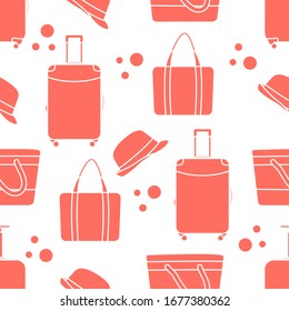 Vector viaje sin fisuras Ilustración con maleta, sombrero solar, bolsa de playa. Horario de verano, vacaciones, vacaciones, experiencia de ocio. Concepto de agencia de viajes. Envoltura de diseño, tela, impresión