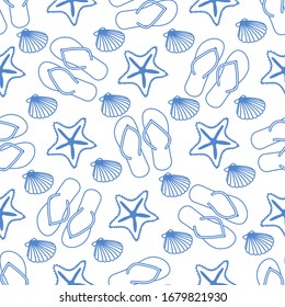 Vector travel seamless pattern Illustration with flip flops, starfish, shell. Summer time, vacation, holiday, leisure background. Concept for travel agency. Design wrapping, fabric, print