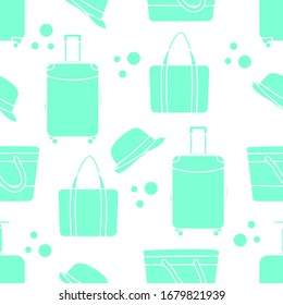 Vector travel seamless pattern Illustration with suitcase, sun hat, beach bag. Summer time, vacation, holiday, leisure background. Concept for travel agency. Design wrapping, fabric, print