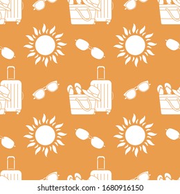 Vector travel seamless pattern Illustration with suitcase, beach bag, flip flops, sun, sun hat, sunglasses. Summer time, vacation, holiday, leisure background. Design wrapping, fabric, print
