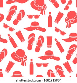 Vector travel seamless pattern Illustration with flip flops, sunscreen, sun hat, sunglasses. Summer time, vacation, holiday, leisure background Concept for travel agency Design wrapping, fabric, print