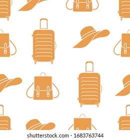 Vector viaje sin fisuras Ilustración con maleta, sombrero solar, mochila. Horario de verano, vacaciones, vacaciones, experiencia de ocio. Concepto de agencia de viajes. Envoltura de diseño, tela, impresión