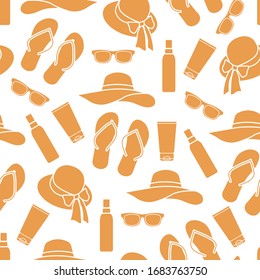 Vector viaje sin fisuras Ilustración con flip flops, protector solar, sombrero solar, gafas de sol. Horario de verano, vacaciones, vacaciones, experiencia de ocio Concepto de agencia de viajes 