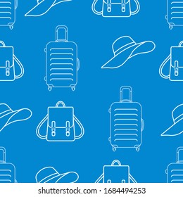 Vector travel seamless pattern Illustration with suitcase, sun hat, backpack. Summer time, vacation, holiday, leisure background. Concept for travel agency. Design wrapping, fabric, print