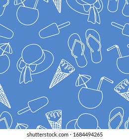 Vector travel seamless pattern Illustration with sun hat, ice cream, cocktail, flip flops. Summer time, vacation, holiday, leisure background. Concept for travel agency. Design wrapping, fabric, print