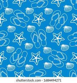 Vector travel seamless pattern Illustration with flip flops, starfish, shell. Summer time, vacation, holiday, leisure background. Concept for travel agency. Design wrapping, fabric, print