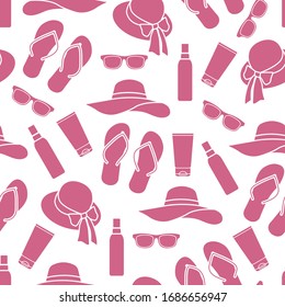 Vector travel seamless pattern Illustration with flip flops, sunscreen, sun hat, sunglasses. Summer time, vacation, holiday, leisure background Concept for travel agency Design wrapping, fabric, print