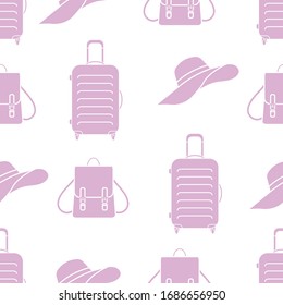 Vector travel seamless pattern Illustration with suitcase, sun hat, backpack. Summer time, vacation, holiday, leisure background. Concept for travel agency. Design wrapping, fabric, print