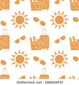 Vector travel seamless pattern Illustration with suitcase, beach bag, flip flops, sun, sun hat, sunglasses. Summer time, vacation, holiday, leisure background. Design wrapping, fabric, print