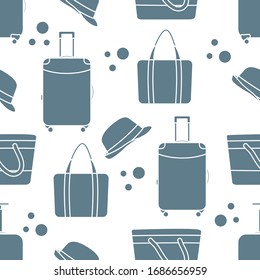 Vector travel seamless pattern Illustration with suitcase, sun hat, beach bag. Summer time, vacation, holiday, leisure background. Concept for travel agency. Design wrapping, fabric, print