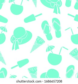 Vector viaje sin fisuras Ilustración con sombrero de sol, helado, cóctel, sandalias. Horario de verano, vacaciones, vacaciones, experiencia de ocio. Concepto de agencia de viajes. Envoltura de diseño, tela, impresión