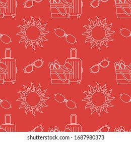 Vector travel seamless pattern Illustration with suitcase, beach bag, flip flops, sun, sun hat, sunglasses. Summer time, vacation, holiday, leisure background. Design wrapping, fabric, print