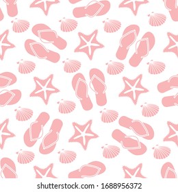 Vector travel seamless pattern Illustration with flip flops, starfish, shell. Summer time, vacation, holiday, leisure background. Concept for travel agency. Design wrapping, fabric, print