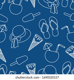 Vector travel seamless pattern Illustration with sun hat, ice cream, cocktail, flip flops. Summer time, vacation, holiday, leisure background. Concept for travel agency. Design wrapping, fabric, print