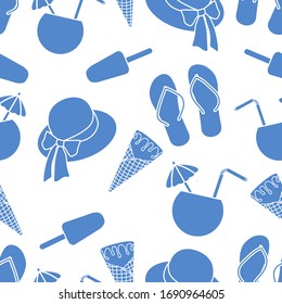 Vector viaje sin fisuras Ilustración con sombrero de sol, helado, cóctel, sandalias. Horario de verano, vacaciones, vacaciones, experiencia de ocio. Concepto de agencia de viajes. Envoltura de diseño, tela, impresión