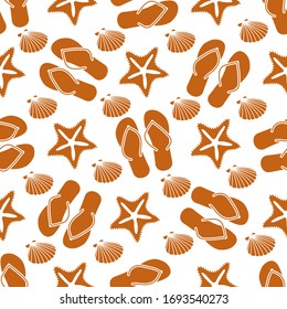 Vector de viaje sin fisuras Ilustración con flip flops, starfish, shell. Horario de verano, vacaciones, vacaciones, experiencia de ocio. Concepto de agencia de viajes. Envoltura de diseño, tela, impresión
