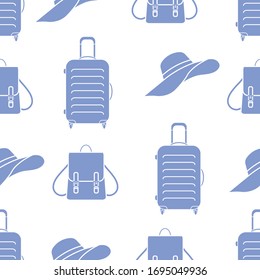 Vector travel seamless pattern Illustration with suitcase, sun hat, backpack. Summer time, vacation, holiday, leisure background. Concept for travel agency. Design wrapping, fabric, print