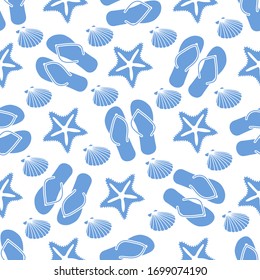 Vector travel seamless pattern Illustration with flip flops, starfish, shell. Summer time, vacation, holiday, leisure background. Concept for travel agency. Design wrapping, fabric, print