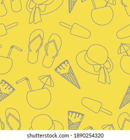 Vector travel seamless pattern Illustration with sun hat, ice cream, cocktail, flip flops. Summer time, vacation, holiday, leisure background. Concept for travel.  Illuminating and Ultimate Gray