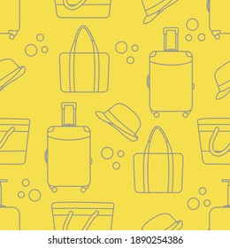 Vector travel seamless pattern Illustration with suitcase, sun hat, beach bag. Summer time, vacation, holiday, leisure background. Concept for travel agency. Illuminating and Ultimate Gray.