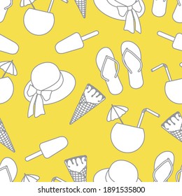 Vector travel seamless pattern Illustration with sun hat, ice cream, cocktail, flip flops. Summer time, vacation, holiday, leisure background. Concept for travel agency. Illuminating and Ultimate Gray