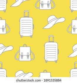 Vector travel seamless pattern Illustration with suitcase, sun hat, backpack. Summer time, vacation, holiday, leisure background. Concept for travel agency. Illuminating and Ultimate Gray