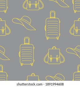 Vector travel seamless pattern Illustration with suitcase, sun hat, backpack. Summer time, vacation, holiday, leisure background. Concept for travel agency. Design Illuminating and Ultimate Gray.