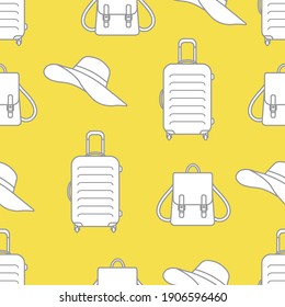 Vector travel seamless pattern Illustration with suitcase, sun hat, backpack. Summer time, vacation, holiday, leisure background. Concept for travel agency. Design Illuminating and Ultimate Gray.