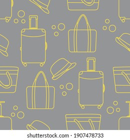 Vector travel seamless pattern Illustration with suitcase, sun hat, beach bag. Summer time, vacation, holiday, leisure background. Concept for travel agency. Design Illuminating and Ultimate Gray.