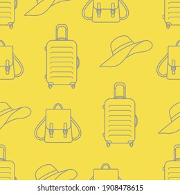 Vector travel seamless pattern Illustration with suitcase, sun hat, backpack. Summer time, vacation, holiday, leisure background. Concept for travel agency. Illuminating and Ultimate Gray.