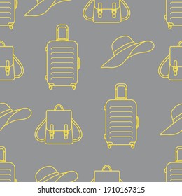 Vector travel seamless pattern Illustration with suitcase, sun hat, backpack. Summer time, vacation, holiday, leisure background. Concept for travel agency. Design Illuminating and Ultimate Gray.