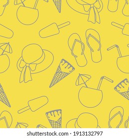 Vector travel seamless pattern Illustration with sun hat, ice cream, cocktail, flip flops. Summer time, vacation, holiday, leisure background. Concept for travel agency. Illuminating and Ultimate Gray