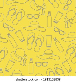 Vector travel seamless pattern Illustration with flip flops, sunscreen, sun hat, sunglasses. Summer time, vacation, holiday, leisure background Concept for travel agency Illuminating and Ultimate Gray
