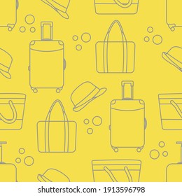 Patrón de viaje sin fisuras de vectores Ilustración con maleta, sombrero de sol, bolsa de playa. Tiempo de verano, vacaciones, vacaciones, antecedentes de ocio. Concepto de agencia de viajes. Diseño Iluminante y Gris último.