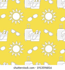 Vector travel seamless pattern Illustration with suitcase, beach bag, flip flops, sun, sun hat, sunglasses. Summer time, vacation, holiday, leisure background. Design Illuminating and Ultimate Gray.