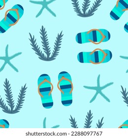 Vector travel seamless pattern Illustration with flip flops, starfish and seaweeds.