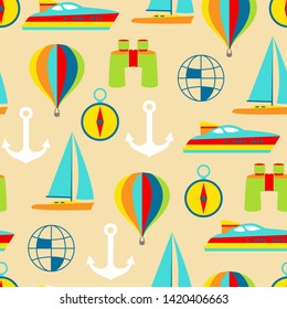 Vector travel seamless pattern of sailboat and balloon