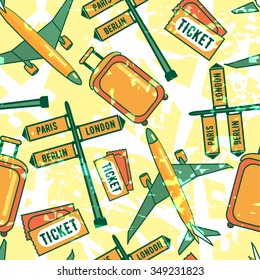 Vector travel seamless pattern with tickets, suitcase, baggage,aircraft, etc. Can be used for wallpaper, pattern fills, web page background, surface textures