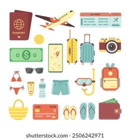 Vector travel set. Travel accessories collection. Passport, airplane, tickets, money, suitcases, backpack, wallet, credit card, diving mask, camera, bag, slippers, swimsuit. Flat illustration.